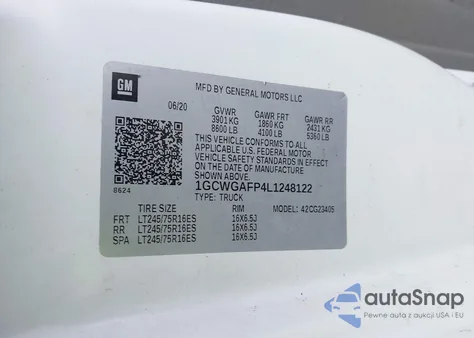 2020 Chevrolet Express Cargo Rwd 2500 Regular Wheelbase Wt из США, поврежденный, VIN 1GCWGAFP4L1248122